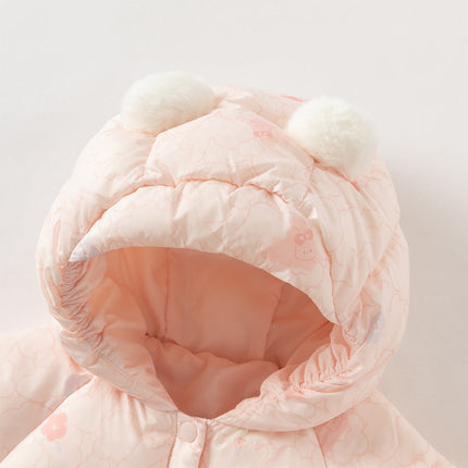 Baby Girls Winter Cute Pink-print Long-sleeved Cozy Hooded Down Rompers