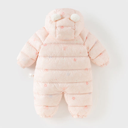 Baby Girls Winter Cute Pink-print Long-sleeved Cozy Hooded Down Rompers
