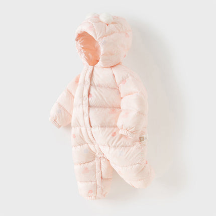 Baby Girls Winter Cute Pink-print Long-sleeved Cozy Hooded Down Rompers