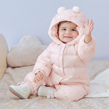 Baby Girls Winter Cute Pink-print Long-sleeved Cozy Hooded Down Rompers
