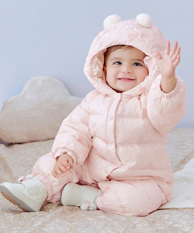 Baby Girls Winter Cute Pink-print Long-sleeved Cozy Hooded Down Rompers