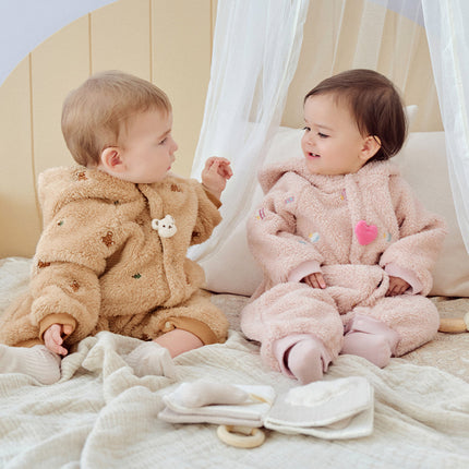 Baby Girls/Boys Cute Candy Pink/Khaki Hooded Soft Plush Rompers