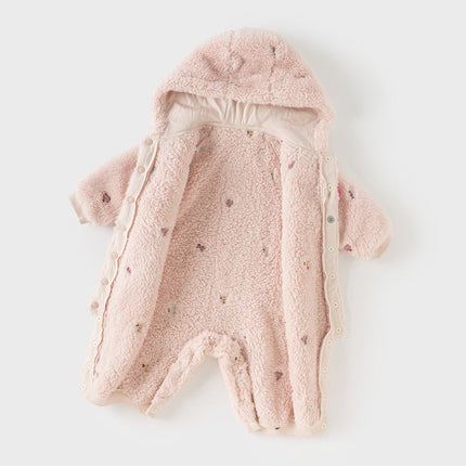Baby Girls/Boys Cute Candy Pink/Khaki Hooded Soft Plush Rompers