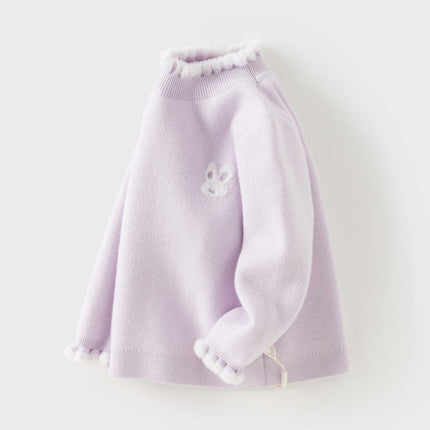 Kids Girls Elegant Purple Soft Turtle Plush-lined Sweaters Tops