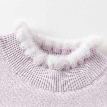 Kids Girls Elegant Purple Soft Turtle Plush-lined Sweaters Tops