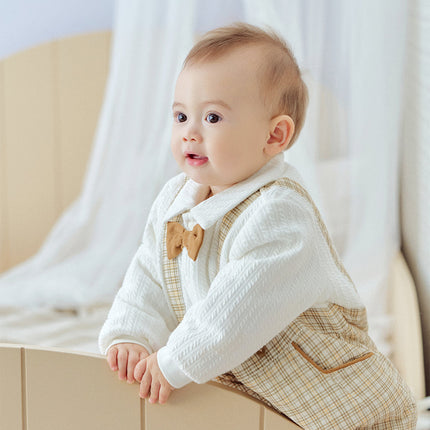 Baby Boys College-style Yellow-white Plaid Warm Padded Indoor Rompers