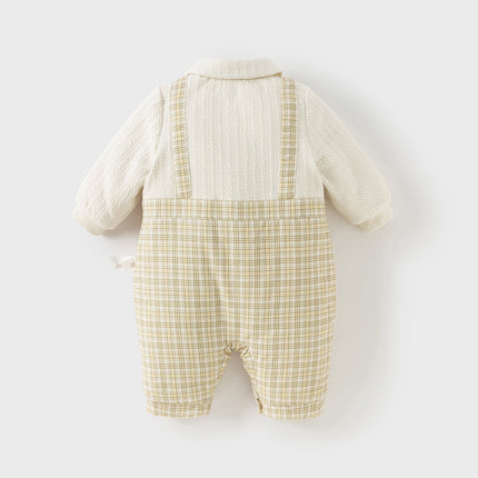 Baby Boys College-style Yellow-white Plaid Warm Padded Indoor Rompers