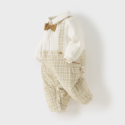 Baby Boys College-style Yellow-white Plaid Warm Padded Indoor Rompers