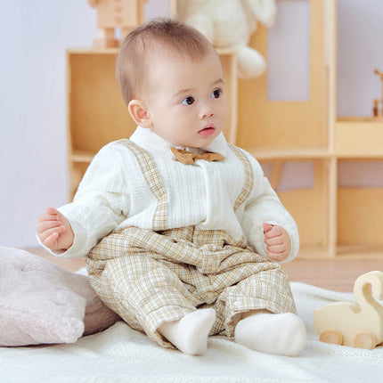 Baby Boys College-style Yellow-white Plaid Warm Padded Indoor Rompers