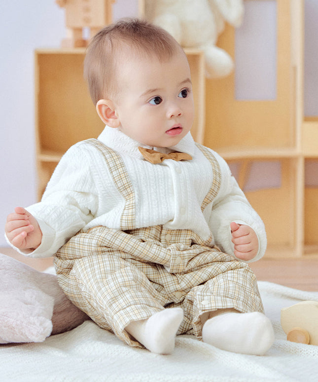 Baby Boys College-style Yellow-white Plaid Warm Padded Indoor Rompers