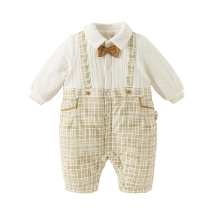 Baby Boys College-style Yellow-white Plaid Warm Padded Indoor Rompers
