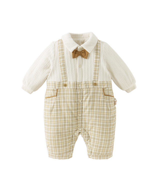 Baby Boys College-style Yellow-white Plaid Warm Padded Indoor Rompers