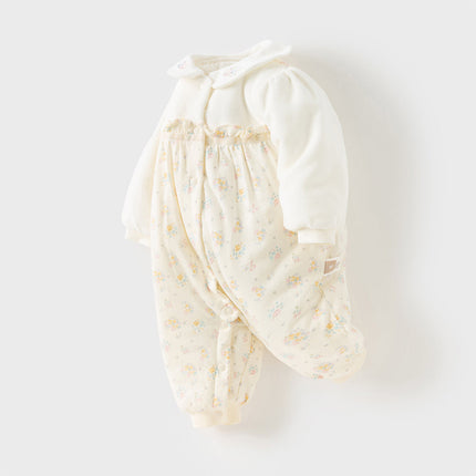 Baby Girls Adorable Beige Floral Print Indoor Padded Rompers