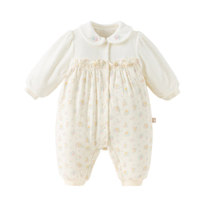 Baby Girls Adorable Beige Floral Print Indoor Padded Rompers
