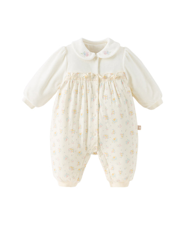 Baby Girls Adorable Beige Floral Print Indoor Padded Rompers