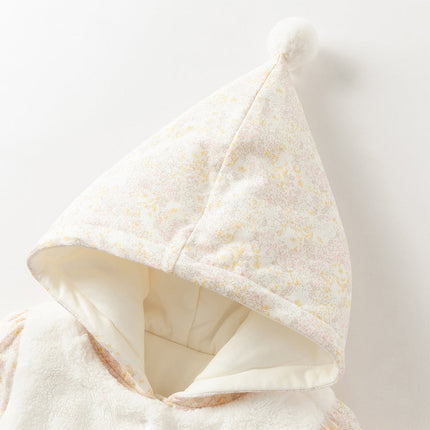 Baby Girls White Floral Print Indoor Cozy Plush Hooded Rompers