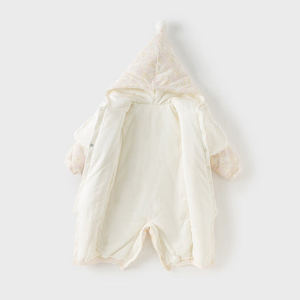 Baby Girls White Floral Print Indoor Cozy Plush Hooded Rompers