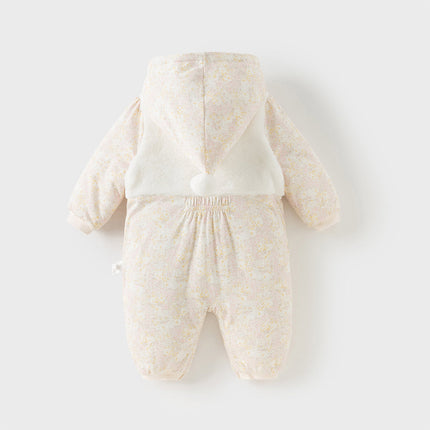 Baby Girls White Floral Print Indoor Cozy Plush Hooded Rompers