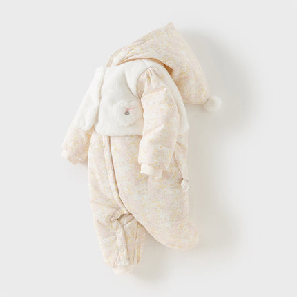 Baby Girls White Floral Print Indoor Cozy Plush Hooded Rompers
