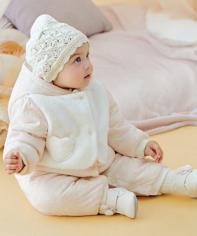 Baby Girls White Floral Print Indoor Cozy Plush Hooded Rompers