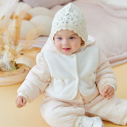 Baby Girls White Floral Print Indoor Cozy Plush Hooded Rompers