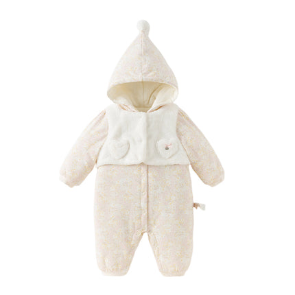 Baby Girls White Floral Print Indoor Cozy Plush Hooded Rompers