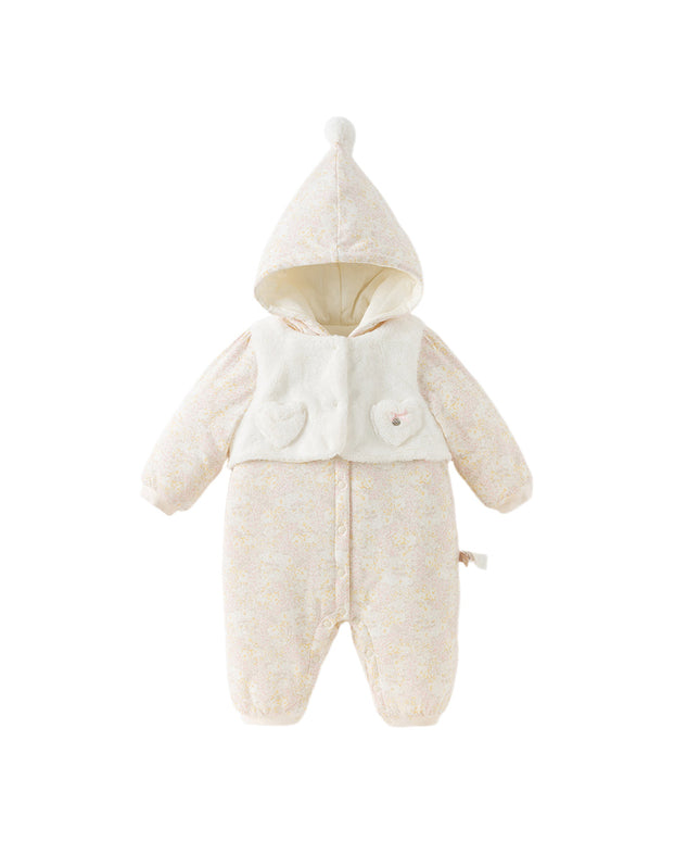 Baby Girls White Floral Print Indoor Cozy Plush Hooded Rompers