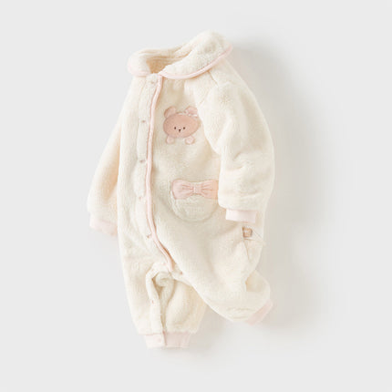Baby Girls Adorable Beige Doll Collar Soft Warm One-pieces Romper