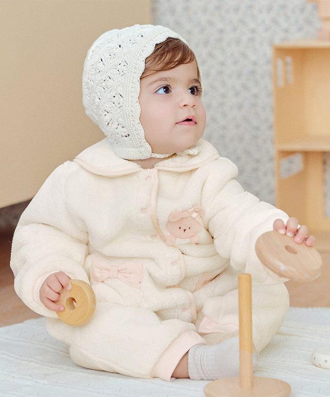 Baby Girls Adorable Beige Doll Collar Soft Warm One-pieces Romper