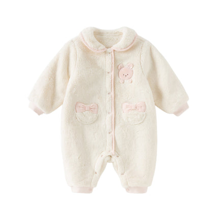 Baby Girls Adorable Beige Doll Collar Soft Warm One-pieces Romper