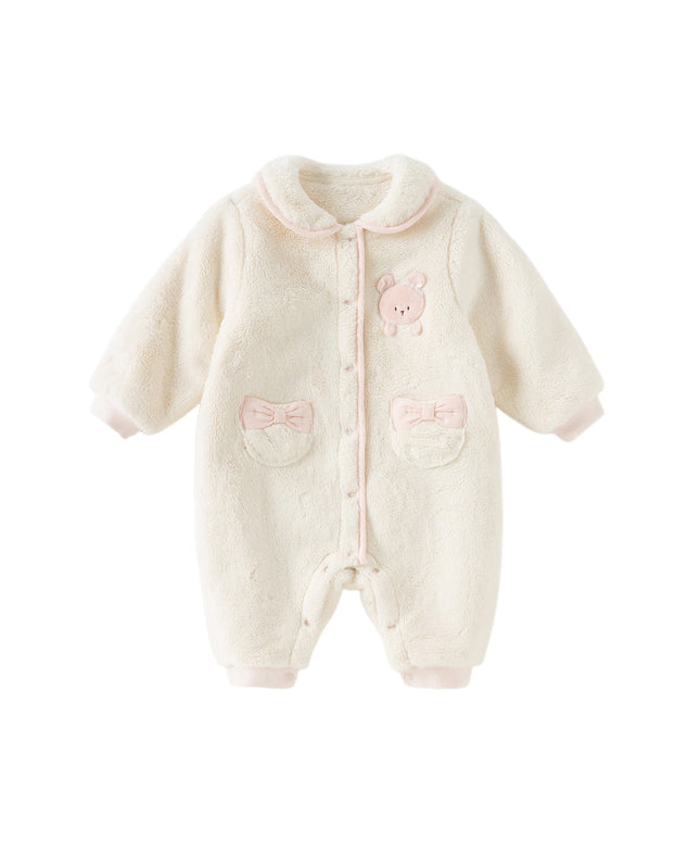 Baby Girls Adorable Beige Doll Collar Soft Warm One-pieces Romper