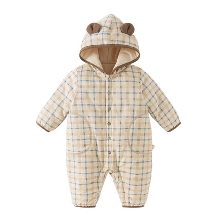 Baby Boys Casual Apricot Plaid Indoor Warm Padded Hooded Rompers