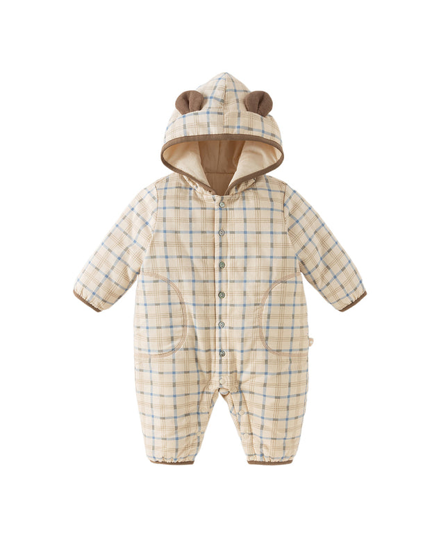 Baby Boys Casual Apricot Plaid Indoor Warm Padded Hooded Rompers