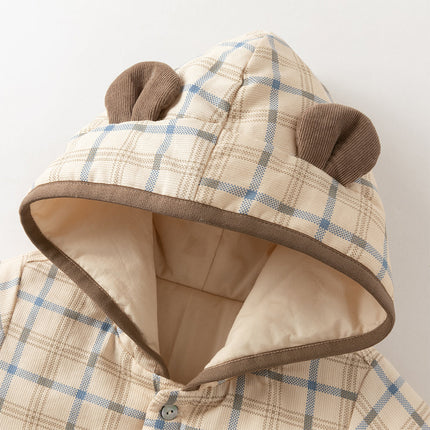 Baby Boys Casual Apricot Plaid Indoor Warm Padded Hooded Rompers