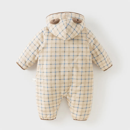 Baby Boys Casual Apricot Plaid Indoor Warm Padded Hooded Rompers