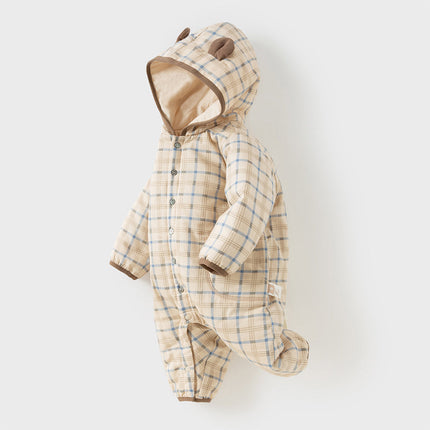 Baby Boys Casual Apricot Plaid Indoor Warm Padded Hooded Rompers