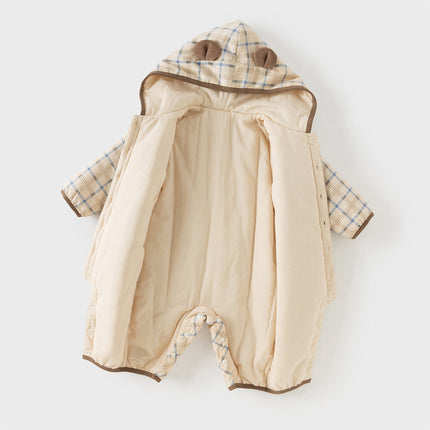 Baby Boys Casual Apricot Plaid Indoor Warm Padded Hooded Rompers