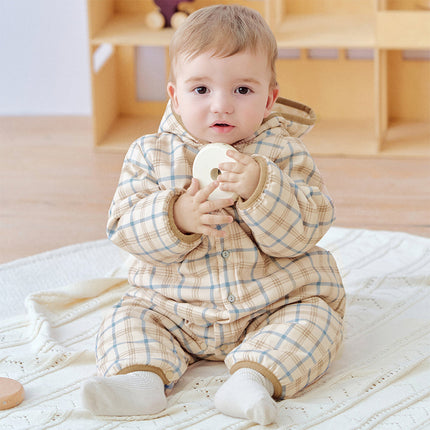 Baby Boys Casual Apricot Plaid Indoor Warm Padded Hooded Rompers