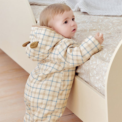 Baby Boys Casual Apricot Plaid Indoor Warm Padded Hooded Rompers