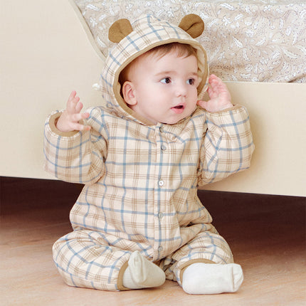 Baby Boys Casual Apricot Plaid Indoor Warm Padded Hooded Rompers