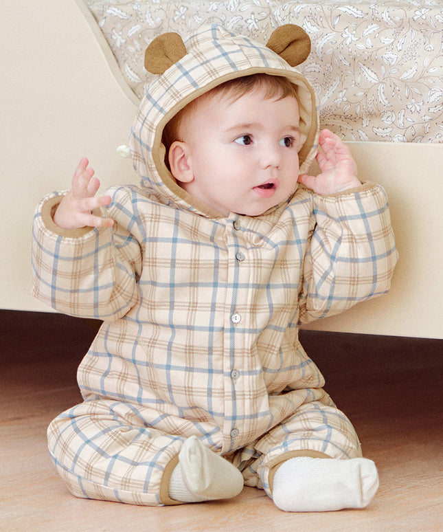 Baby Boys Casual Apricot Plaid Indoor Warm Padded Hooded Rompers
