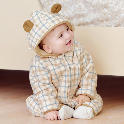 Baby Boys Casual Apricot Plaid Indoor Warm Padded Hooded Rompers