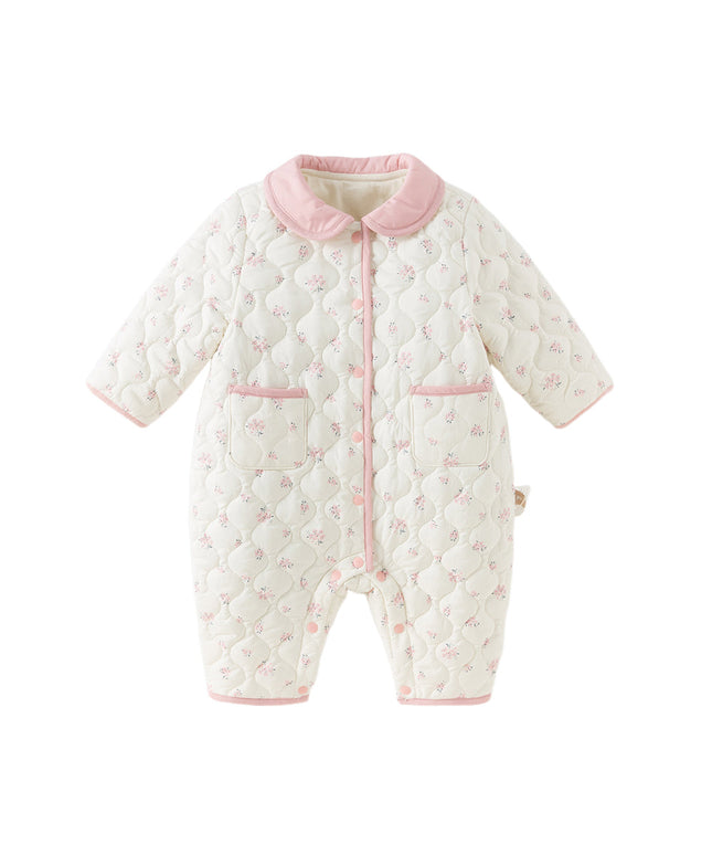 Baby Girls Sweet Beige Floral Print Doll Collar Warm Padded Rompers
