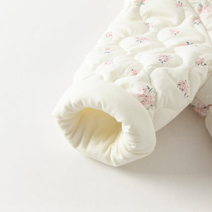 Baby Girls Sweet Beige Floral Print Doll Collar Warm Padded Rompers