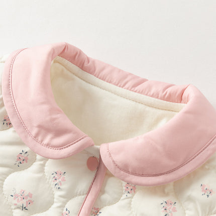 Baby Girls Sweet Beige Floral Print Doll Collar Warm Padded Rompers