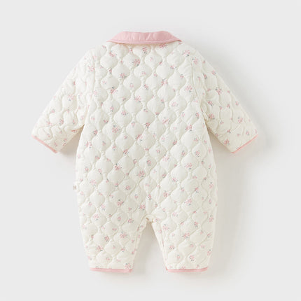 Baby Girls Sweet Beige Floral Print Doll Collar Warm Padded Rompers