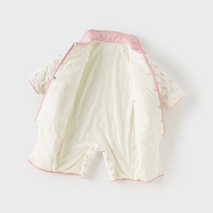 Baby Girls Sweet Beige Floral Print Doll Collar Warm Padded Rompers