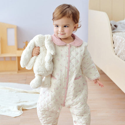 Baby Girls Sweet Beige Floral Print Doll Collar Warm Padded Rompers