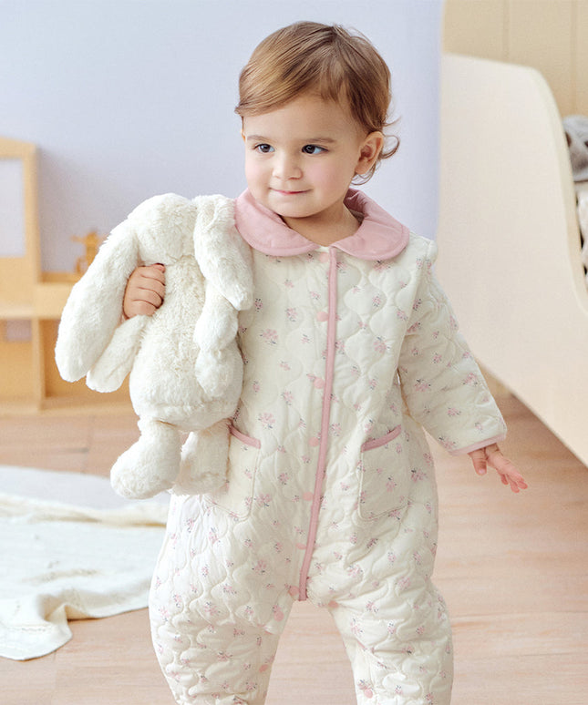 Baby Girls Sweet Beige Floral Print Doll Collar Warm Padded Rompers