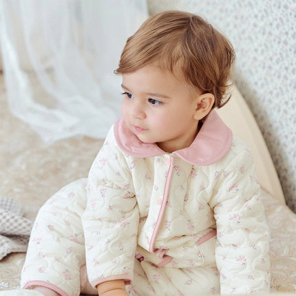 Baby Girls Sweet Beige Floral Print Doll Collar Warm Padded Rompers
